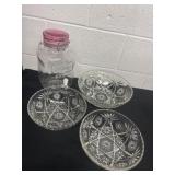 3 glass bowls with glass drinker dispenser