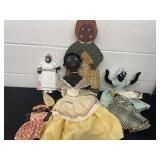 Group of ameicana dolls and wood figurine