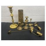 Group of brass items, candle holders and vases