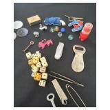 Group of dice marbles, key chains bottle openers