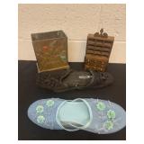 Size 8 and medium shoes, mini shelf and tin