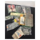 Group of fishing lures, hooks and bobbers