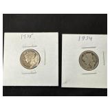 1934 and 1935 Mercury Dimes