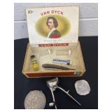 Cigar box with vintage compact razor and more