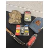 2 hats, smart phone holder toggle and knife