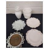 For vintage plates, a milk glass vase and pot