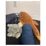 Yarn stuffed animal and blue purse