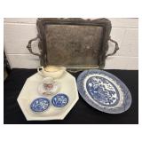 Tray with platters cream and teapot and saucers