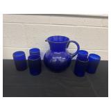 10ï¿½ Cobalt Blue Hand Blown pitcher and glasses