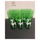 11 Anchor Hocking emerald green gazelle tumblers.