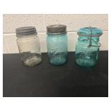 vintage blue glass and clear jars