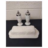 Vintage milk glass salt and pepper set with a