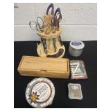 Group of sewing scissors, pins and wood box