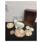 Walrus figurine with seashells and wood box