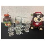 Group of A&W glasses and bear