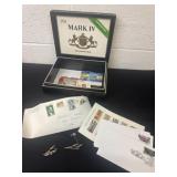 Cigar box with stamps and paper stamps