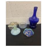 Blue bottle, vases and trinket box