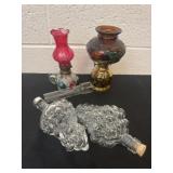 Glass bottle grapes and two 7ï¿½ oil lamps