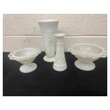 4 pc milk glass vases and candy dish