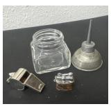 Whistle and mini oil can and glass jar
