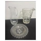 2 glass pitchers and dish chipped