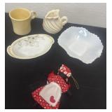 Americana doll, candy dish, cups and Swan
