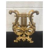 Vintage Cast Gold Tone Metal Lyre Harp Music Book