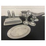 Pewter candle holder, gravy boat, shakers and