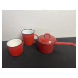 3 enamel cups and pot with lid