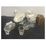 Swan  vase with pitcher and jar and glass pig and