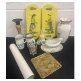 Candle holder, vase, gravy boat, cups and Garfield