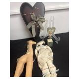 Heart decor with vintage stuffed animals and doll