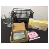 Basket, gel curing lamp and eyelash case