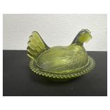Vintage Indiana glass olive green hen on nest 7ï¿½