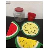 Hot pads and jar and bucket, vintage