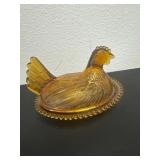 Vintage Indiana glass amber carnival glass hen on
