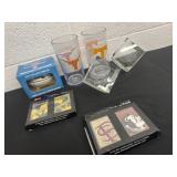 Colllage team playing cards and cups and etched