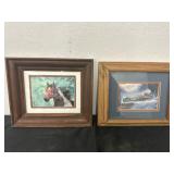 Wood Frame Horse Print Signed and Winter Train