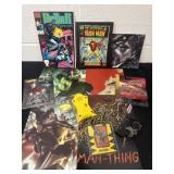 Comic book,  hotwheels cars, necklaces and