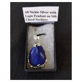 All nickel silver with lapis pendant on silk cord