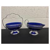 2 vintage cobalt blue glass liners nestled in