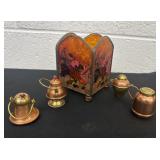 4 mini copper and brass shakers with candle
