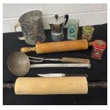 Vintage tins and rolling pin and items