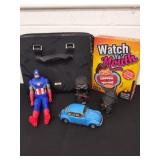 Computer bag, action figures, Volkswagen model