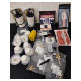 Group of brass hose barb fittings, filters, watch