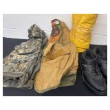 2 hunting vests, rain suit,