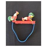 Vintage tin litho roosters mechanical toy '