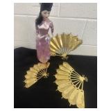 3 tin fans and oriental doll