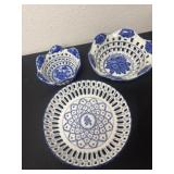 vintage blue and white ceramic reticulated dishes