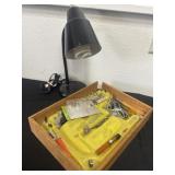 Wood tray with misc tools and lamp